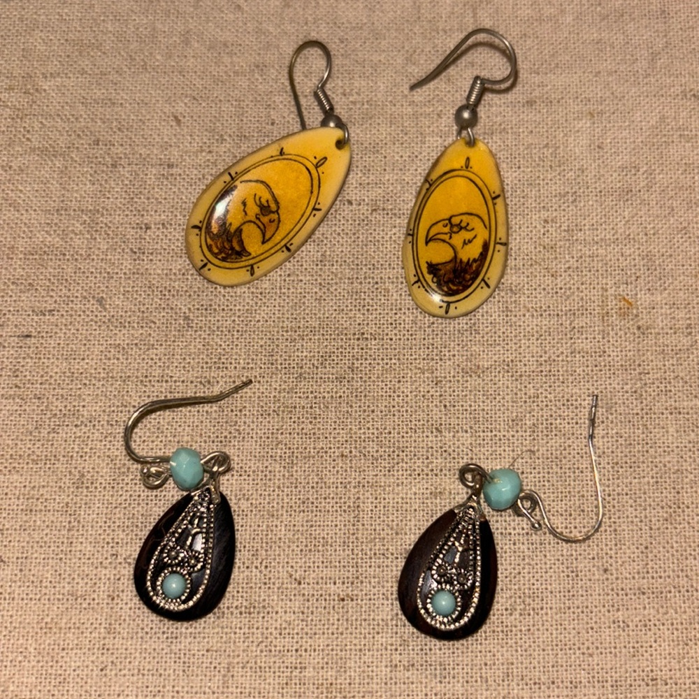 Vintage pierced earrings 2 70s 80s Eagle & owl Aztec silver brown aqua teal